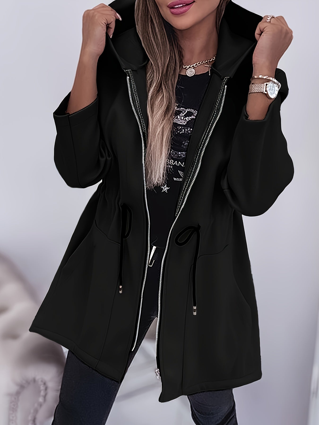 Women's Casual Hooded Jacket with Drawstring & Zip Pockets - Polyester, Machine Washable, Solid Color for Fall/Winter